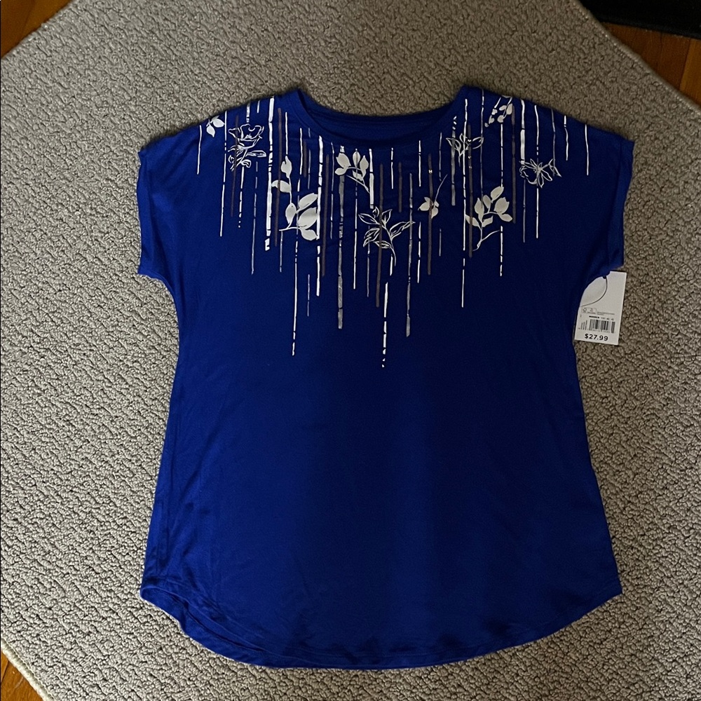 Kohl's XS new Royal Blue Women's Top with White Floral Accents NWT